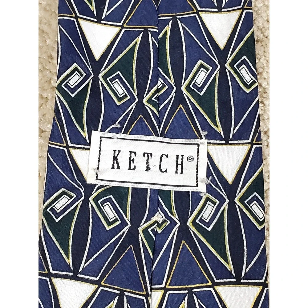 KETCH Men's Geometric Neck Tie  Navy Green and‎ White Polyester 56.5